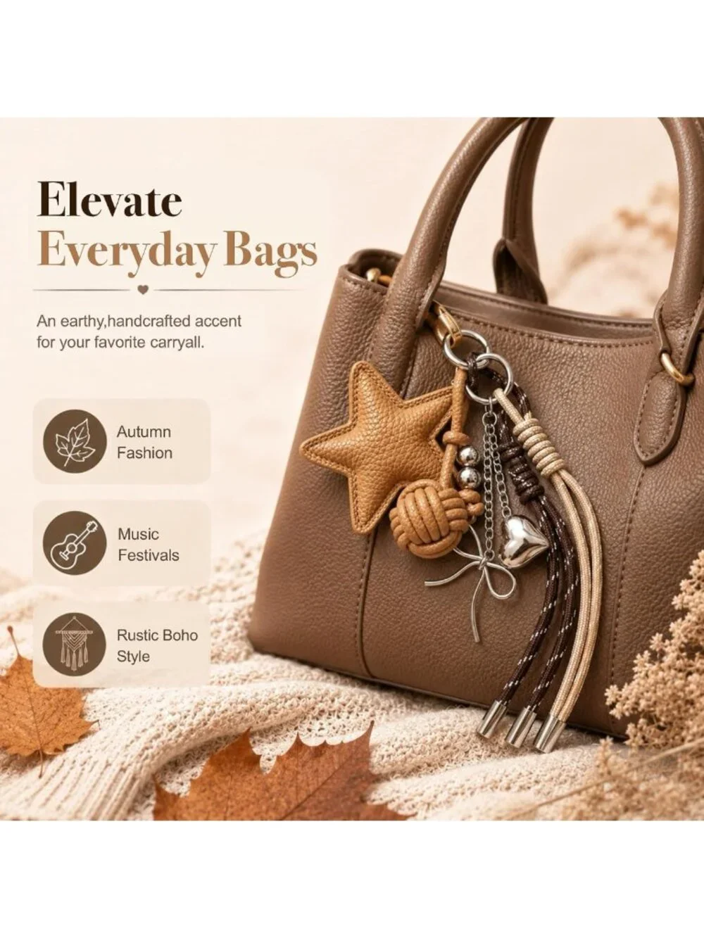 Chic 2-in-1 PU Leather Star Bag Charm Keychain with Braided Rope & Bow Accents